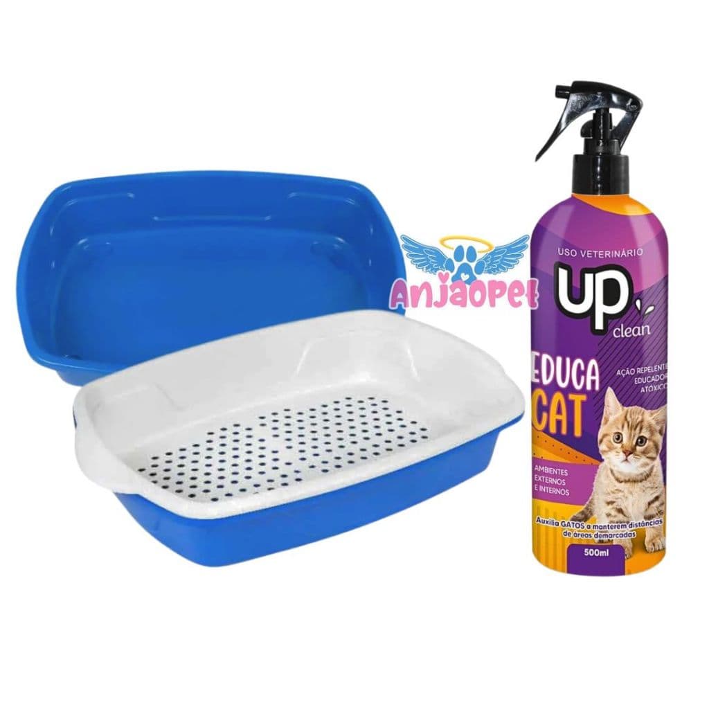 Caixa Bandeja Higiênica Pet Furba Sanitária Gatos Cat Clean com 3 Peças + Educador Educa Cat Afasta Gato Xo Gatinho Up Clean 500ml