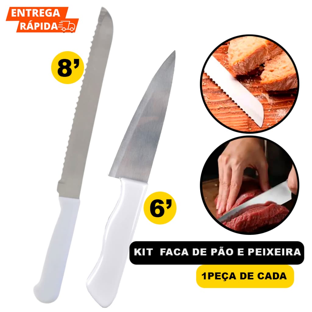 Kit Faca Peixeira E Faca De Pão Com Cabo Plástico Inox Corte Perfeito De Carne Peixe  Para Casa Uso Geral Profissional