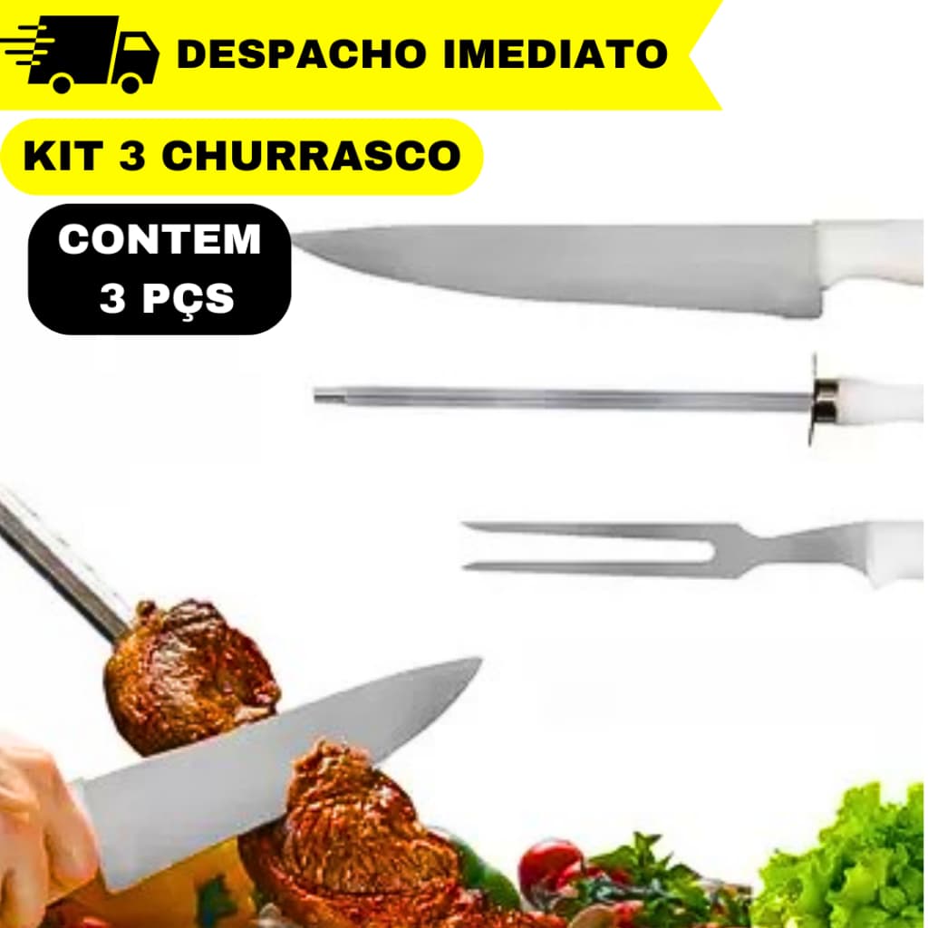 Kit Jogo 3 Peças Para Churrasco Faca Garfo e Amolador Afiador Chaira Profissionais