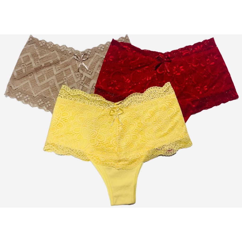 kit 3 calcinha cinta de cotton e renda  tanga algodao atacado