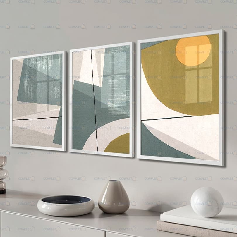 Quadros abstratos moderno padrão de composição e cores geométrica aquarela moldura e vidro