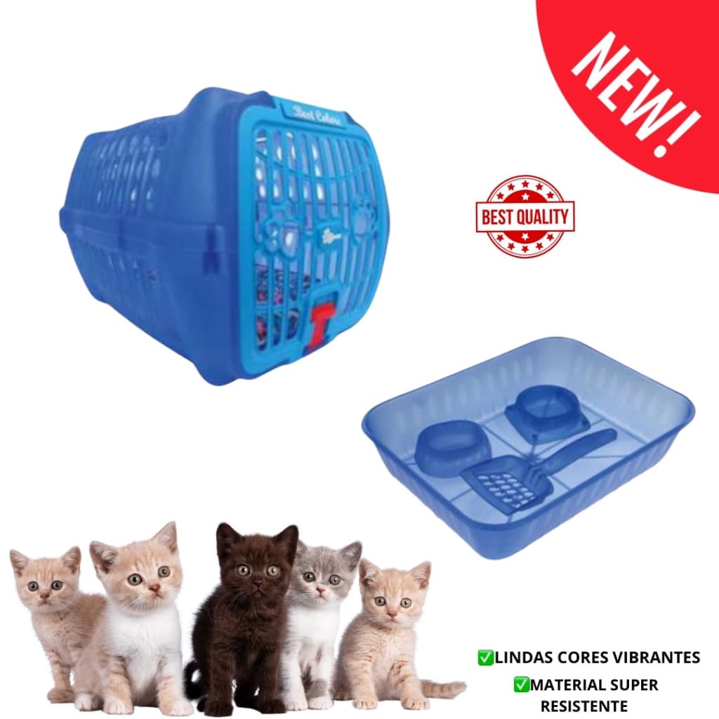 KIT 6 PEÇAS PREMIUM PARA GATOS CAIXA DE TRANSPORTE N1, COLCHONETE, BANHEIRO HIGIÊNICO, COMEDOURO, BEBEDOURO E PÁ HIGIÊNICA