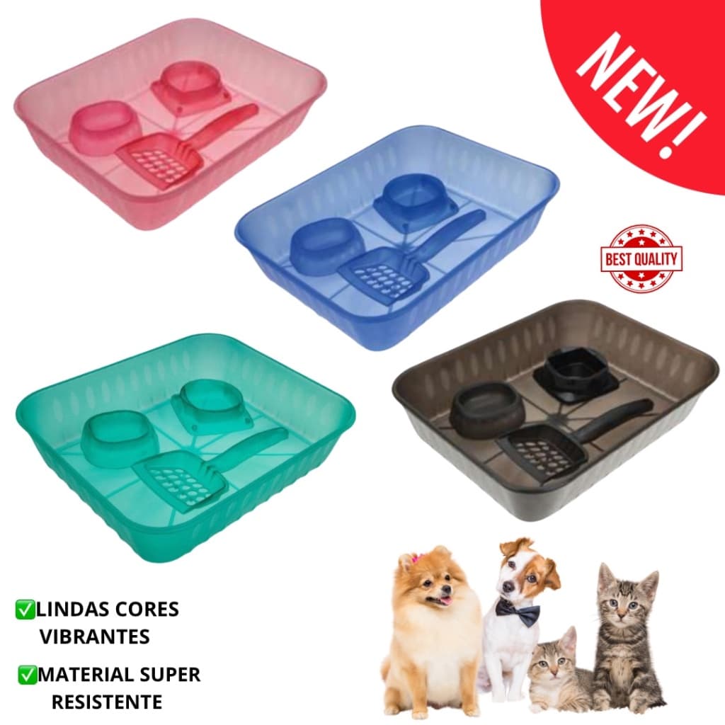 KIT 4 PEÇAS PREMIUM BANDEJA HIGIÊNICA TRANSLÚCIDA, COMEDOURO, BEBEDOURO E PÁ HIGIÊNICA PARA GATOS