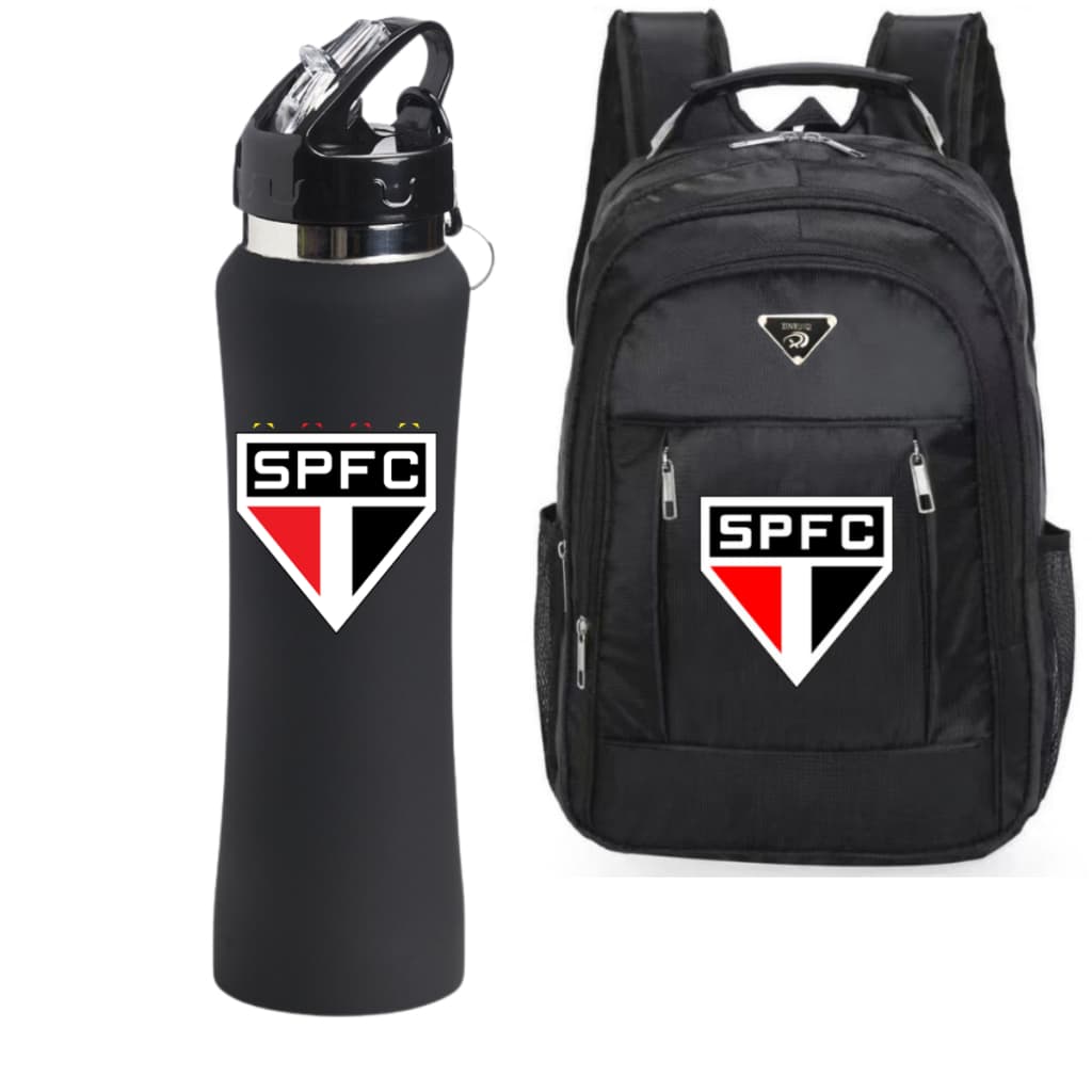 Mochila Bolsa Masculina Time Sao Paulo reforçada + Garrafa Térmica De Água 600ML Com Bico Chaveiro Academia/Escola