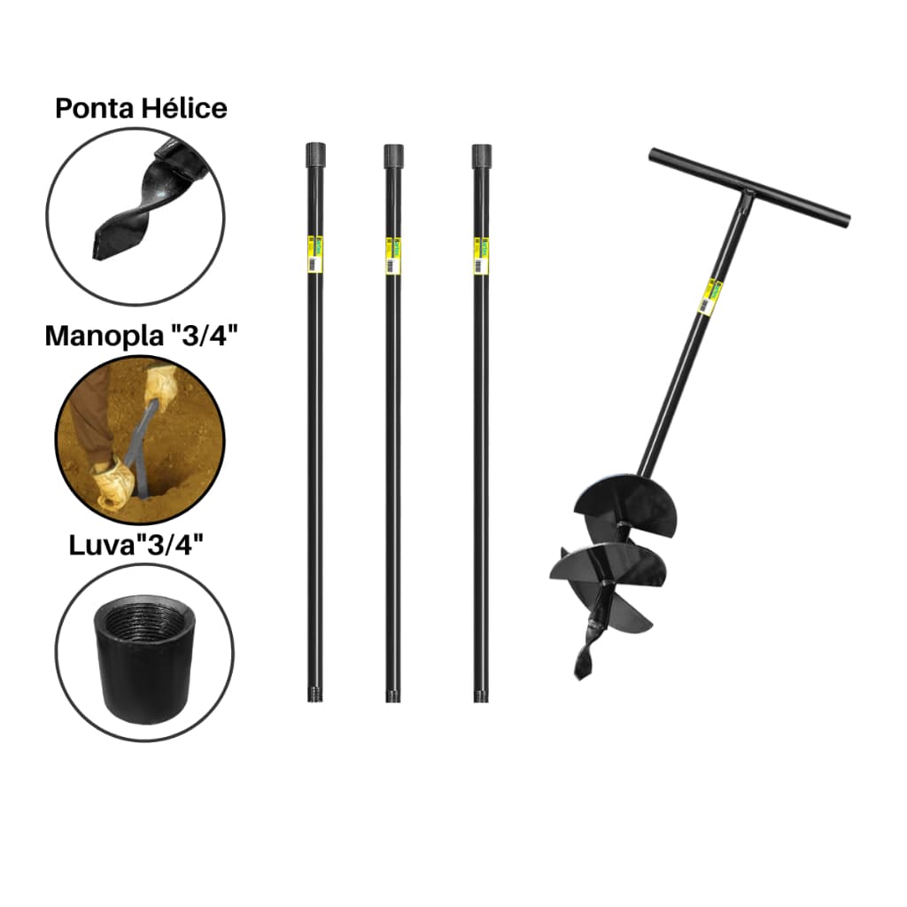 Cavadeira Trado Manual 20cm 4 Facas Cabo Fixo 1m + 3 Extensores De 1m Perfurador de Solo