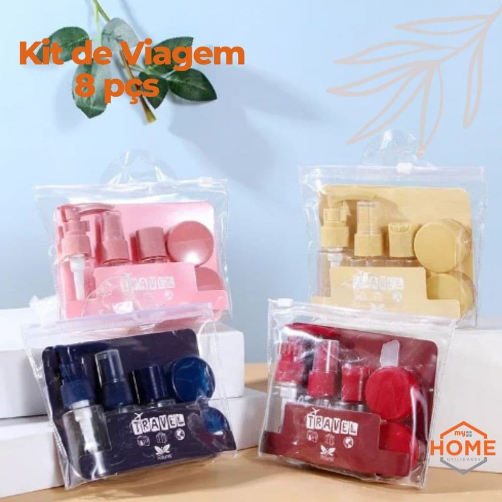 Kit Viagem 8 Frascos Spray Válvula Pulverizador Espatula Funil Com Necessaire Transparente