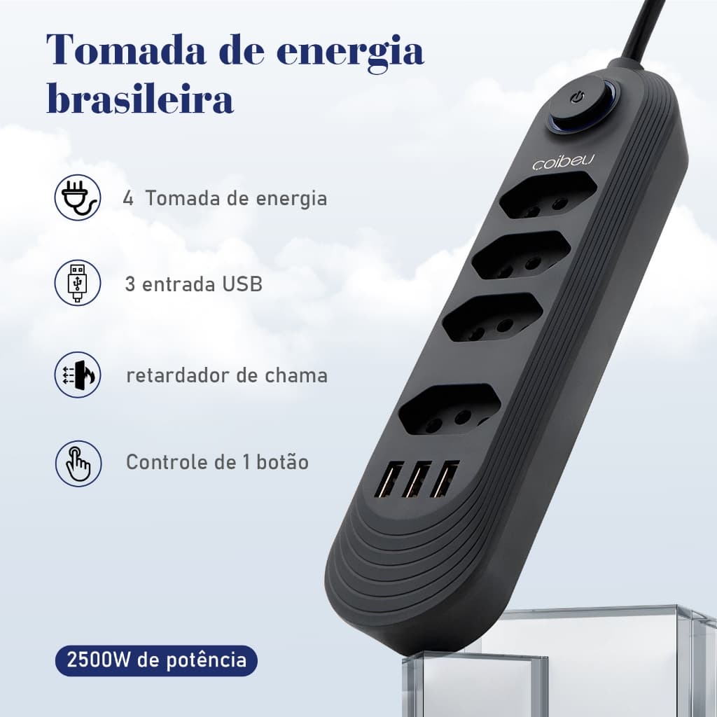 COIBEU Extensão Elétrica 2m Com 4 Tomadas e 3 Entradas USB com Botão 110-220V 10A B04U