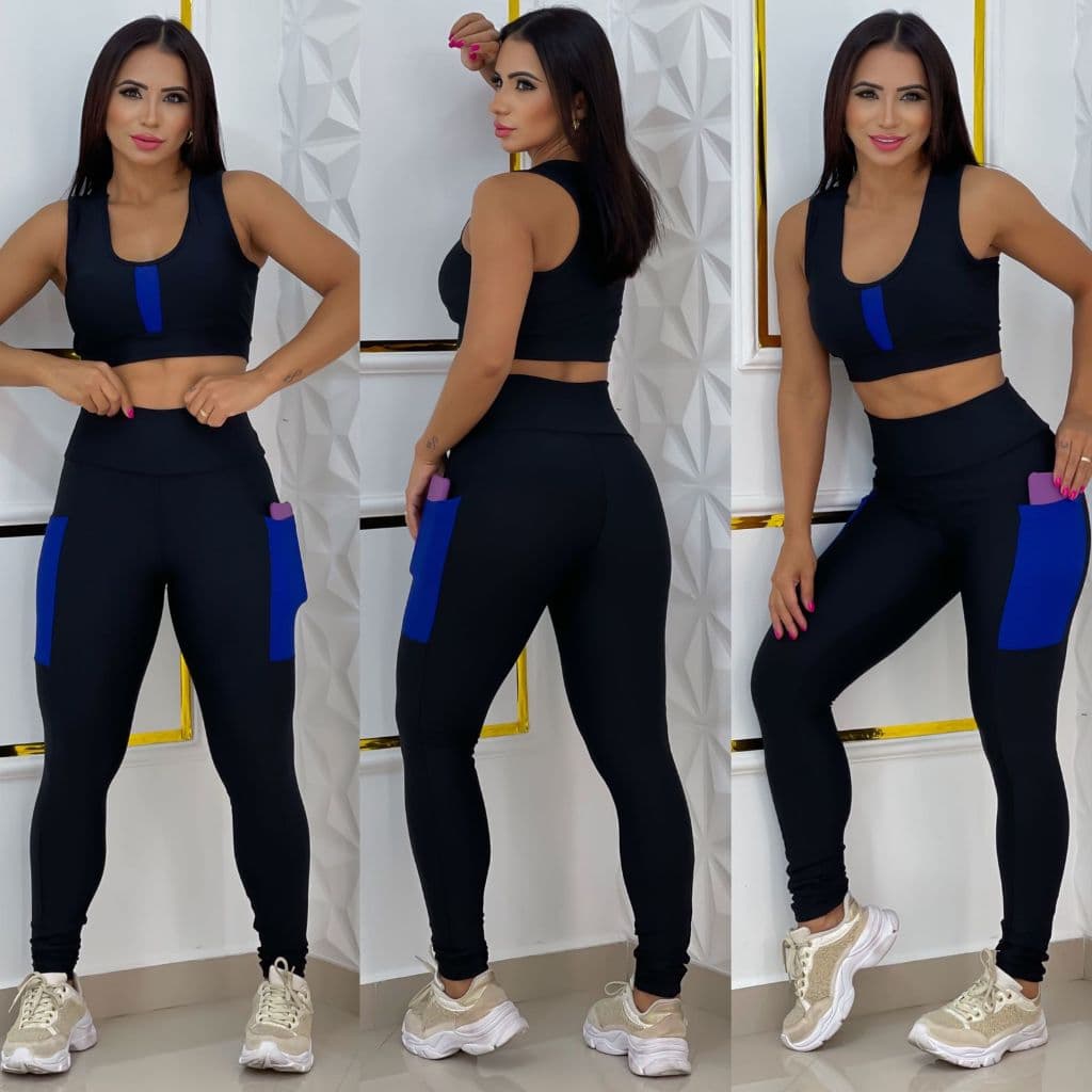 Conjunto Fitness Feminino Calça Legging com Bolso Cós Alto e Top com Bojo - Moda Academia