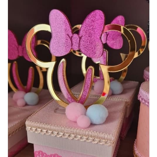 Aplique Acrilico Minnie COM iNICIAL DO NOME, Laço Minnie , tamanho 7cm - Kit 10 ou 15 Unidades Orelha Minnie, Festa Minnie Luxo
