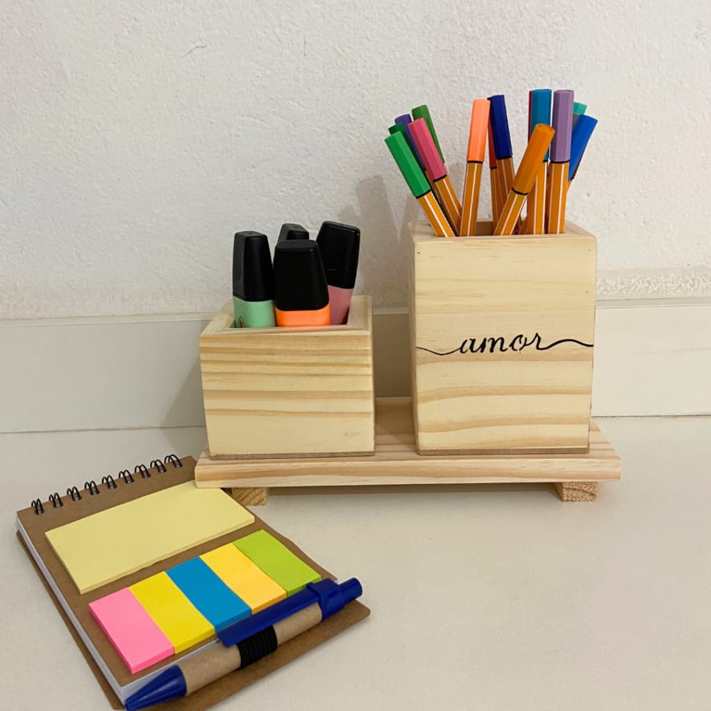 Porta lápis e Porta Canetas em Madeira Pinus- Organizador de Mesa de Escritório