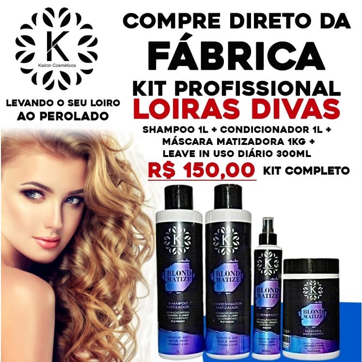 KIT para Cabelos Blond Loiros Linha PROFISSIONAL (Shampoo, Condicionador, Máscara e Leave-In) 1L Kairon Cosméticos