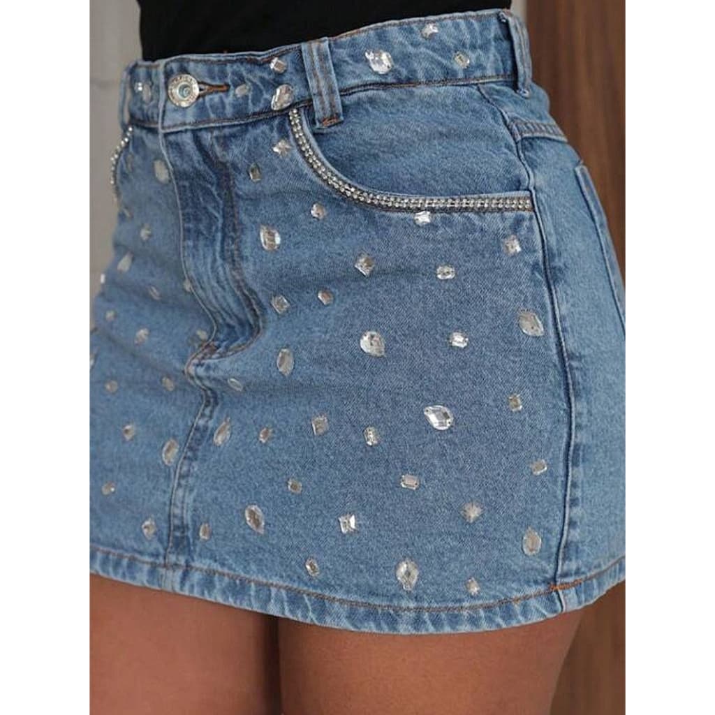 Mini Saia Jeans Brilho Feminina Com Strass