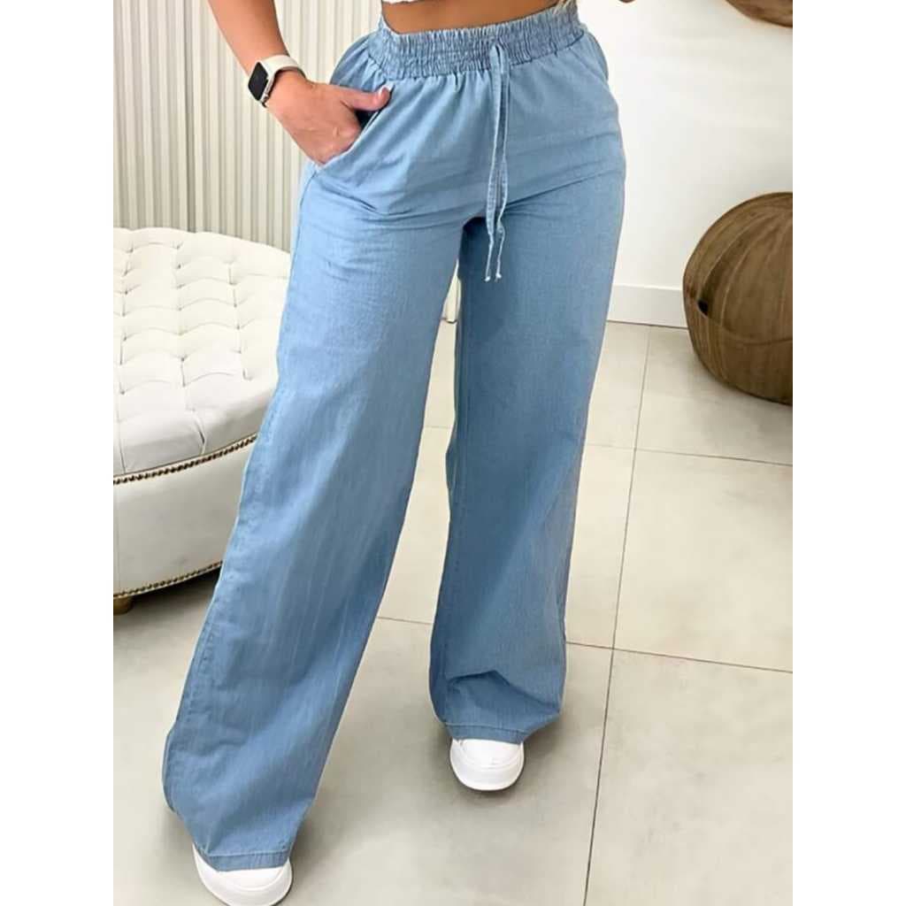 Calça jeans feminina Pantalona Leve Com Elástico