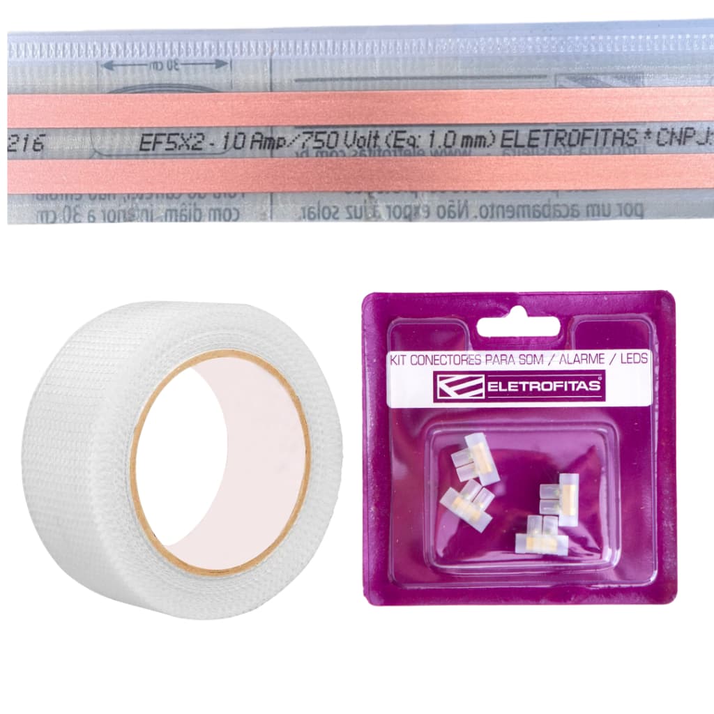 Kit Eletrofita 2 Vias 10A/750V Fita Elétrica Adesiva 1 a 5 Metros