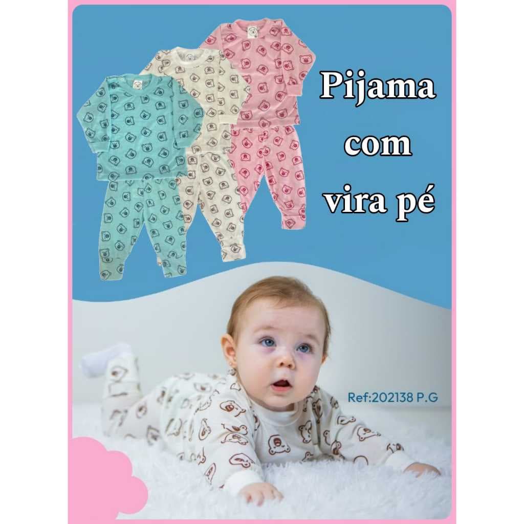 Pijama Bebê Manga Longa Vira Pé Malha Super Macia
