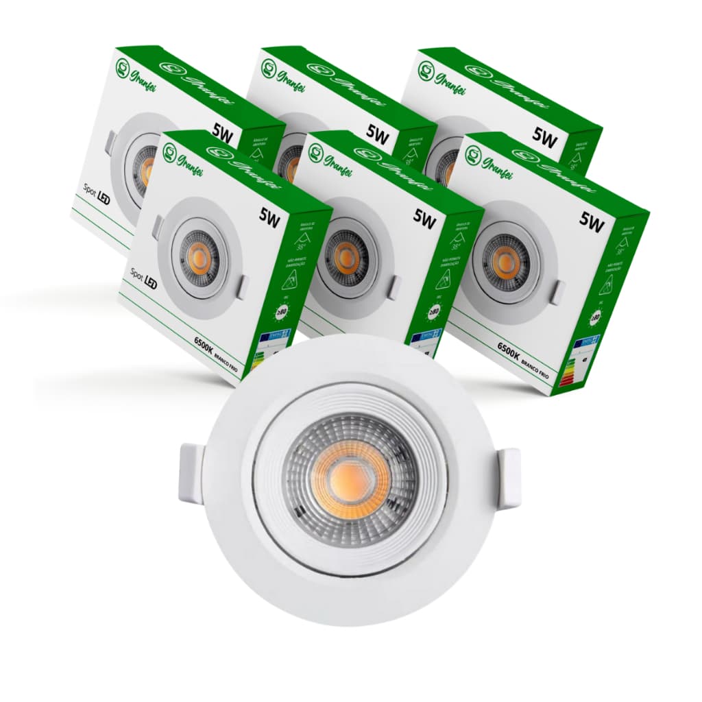 Kit 5 Luminária Led Spot 5W Redondo Quadrado Embutido Branco Frio Quente 3000k 6500k Bivolt
