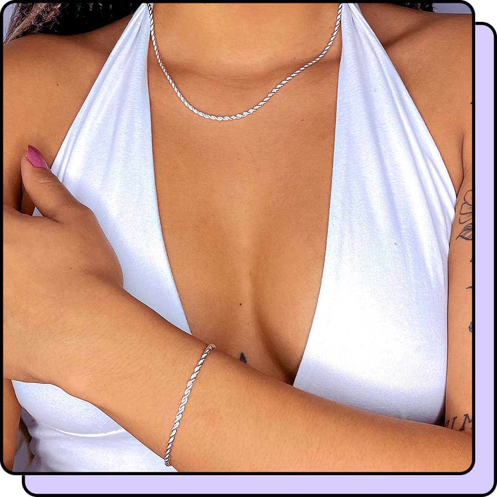 Conjunto Colar Pulseira Prata 925 Feminino Cordão Baiano Banhado