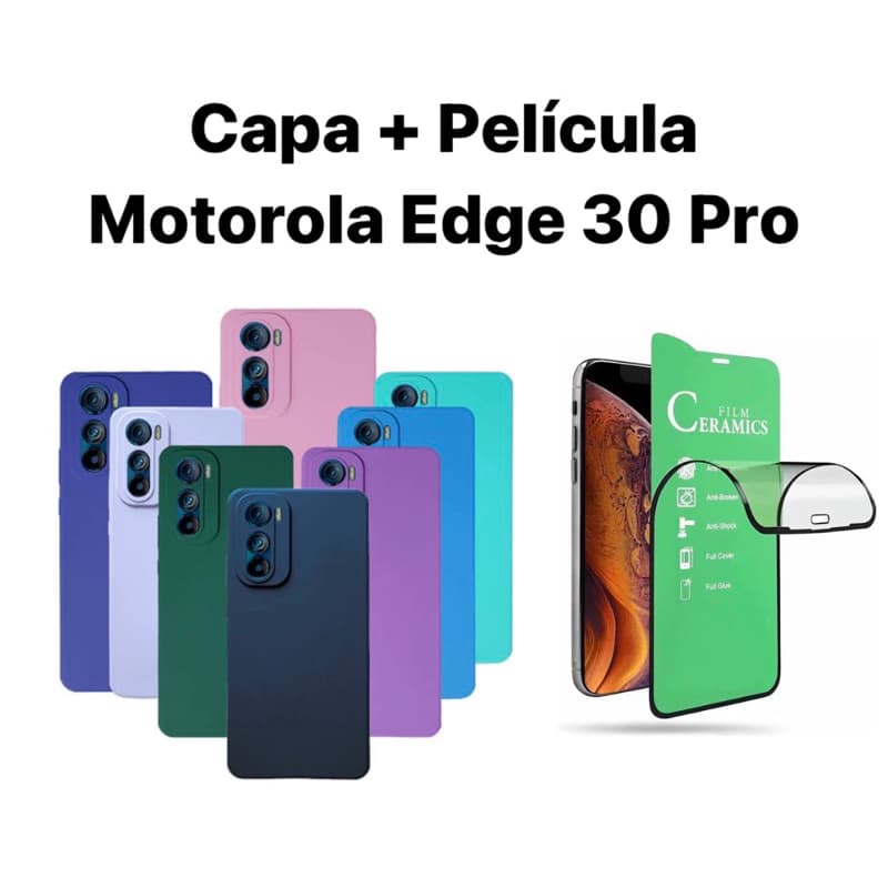 Kit 2x1 Motorola Moto Edge 30 Pro- Capa, case, capinha colorida + Película frontal cerâmica 9D