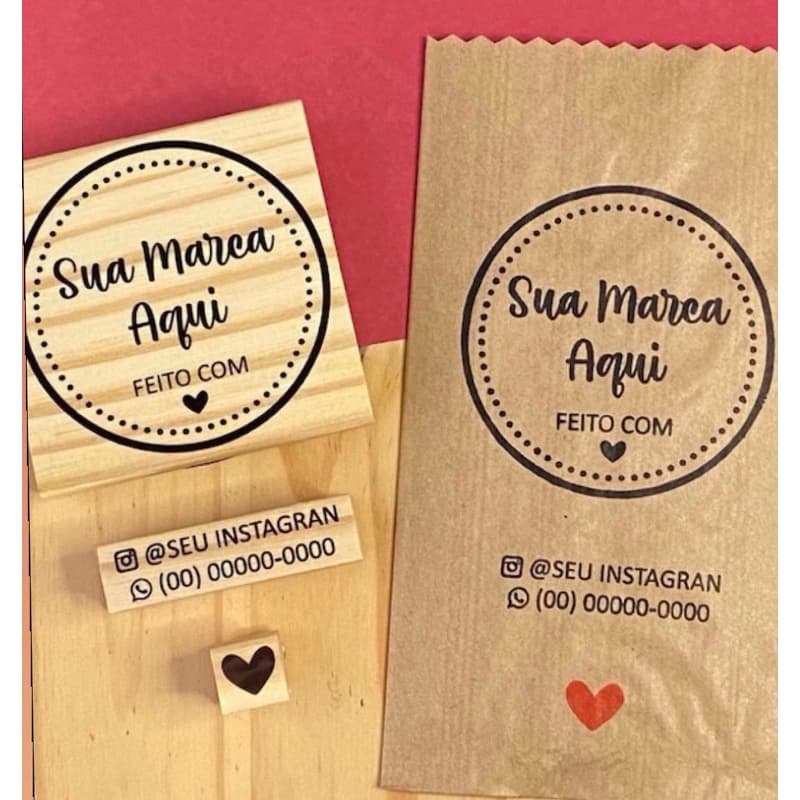 carimbo personalizado 8x8 cm + Carimbos Contatos + Mini Coração - acompanha almofada