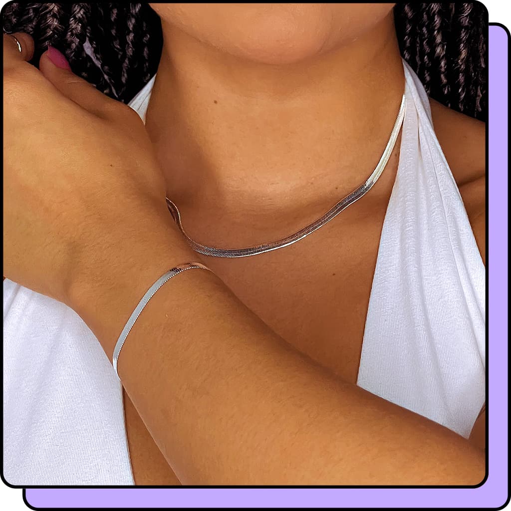 Conjunto Colar Pulseira Fio Laminado Banhada  Colares Feminino Prata 925 c/ Garantia
