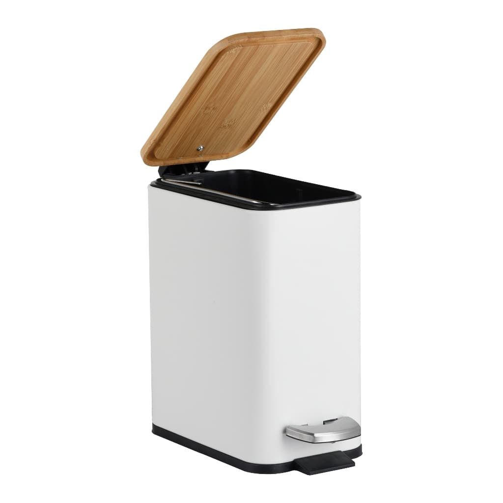 Lixo Slim Para Banheiro Lixeira Com Pedal 5 Litros Fechamento Sutil Tampa Em Bambu
