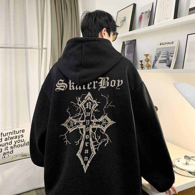 Moletom Canguru Cruz Japonesa Larga Estilo Coreano Sad Boys Flanelada Inverno