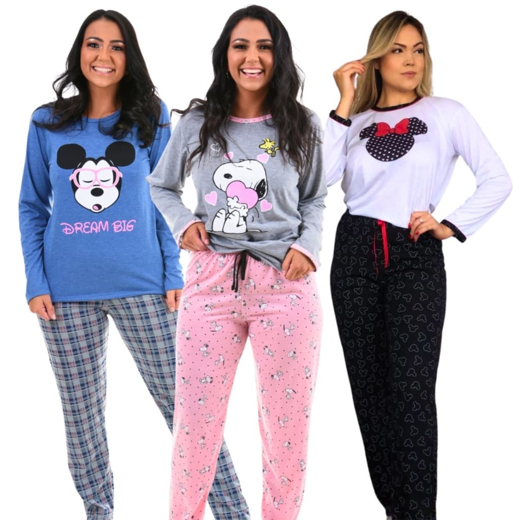 kit 3 Pijamas Feminino Inverno Manga Longa e Calça Promoção