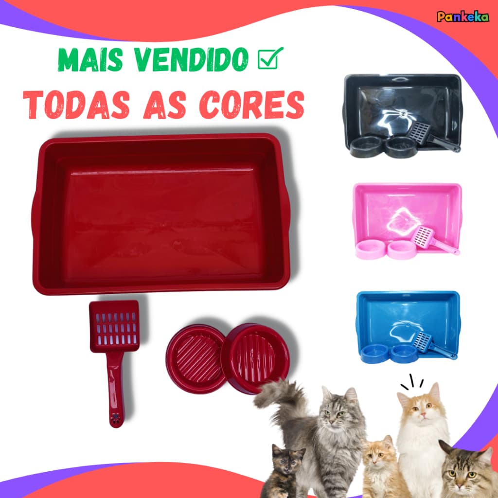 Kit Caixa de Areia para Gatos Bandeja Comedouro e Pá Higiênica Pet
