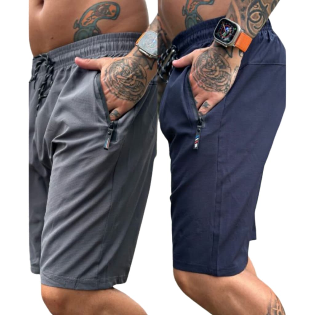 KIT 2 SHORT TACTEL LISO ACADEMIA COM ZIPER NO BOLSO