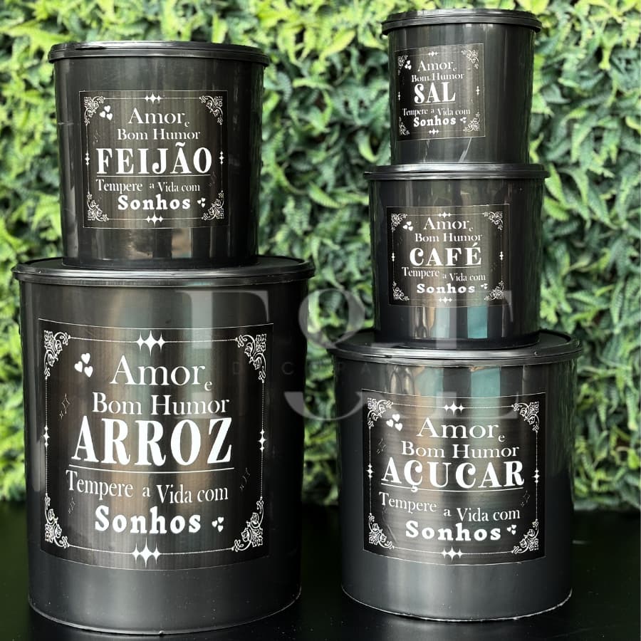 Kit 5 Potes Plásticos Redondos Preto para Organização de Mantimentos