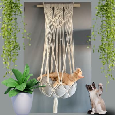 Cama pet de gatos suspensa de macramê com almofada/ cama pet para cachorro com almofada