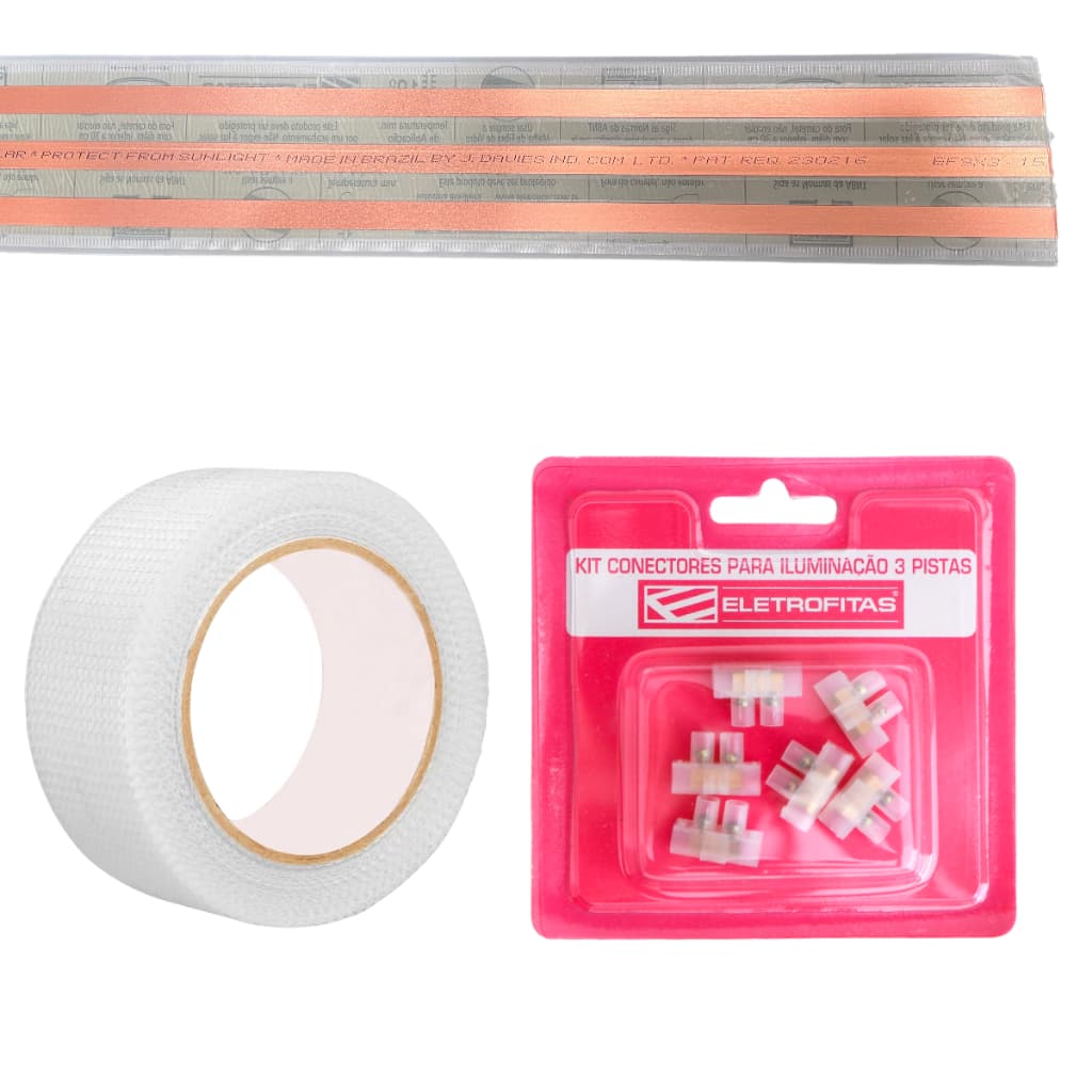 Kit Eletrofita 3 Pistas 15A/750V Fita Elétrica Adesiva 1 a 5 Metros