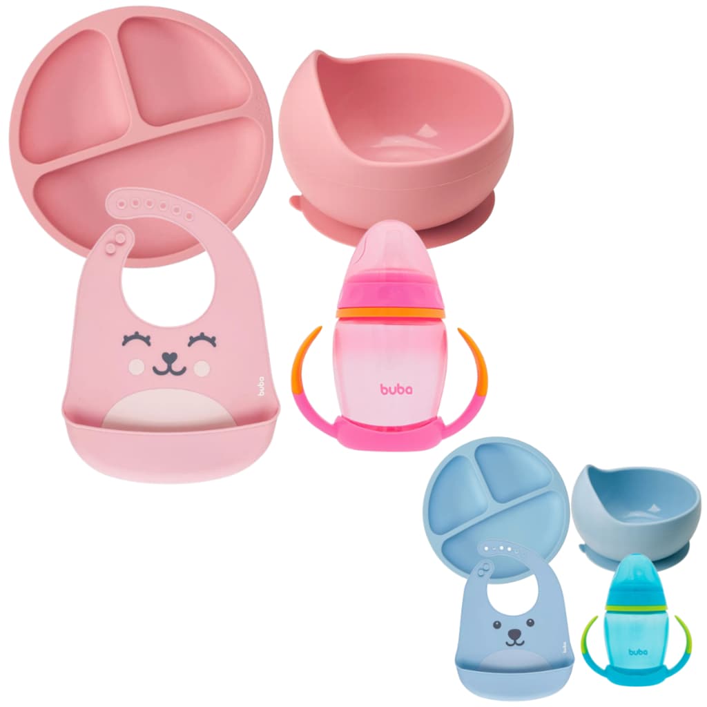 Kit Introdução Alimentar Buba Prato em Silicone com Divisórias e Ventosas Prato Bowl em Silicone com Ventosa Babador em Silicone Copo com Alça e Bico em Silicone