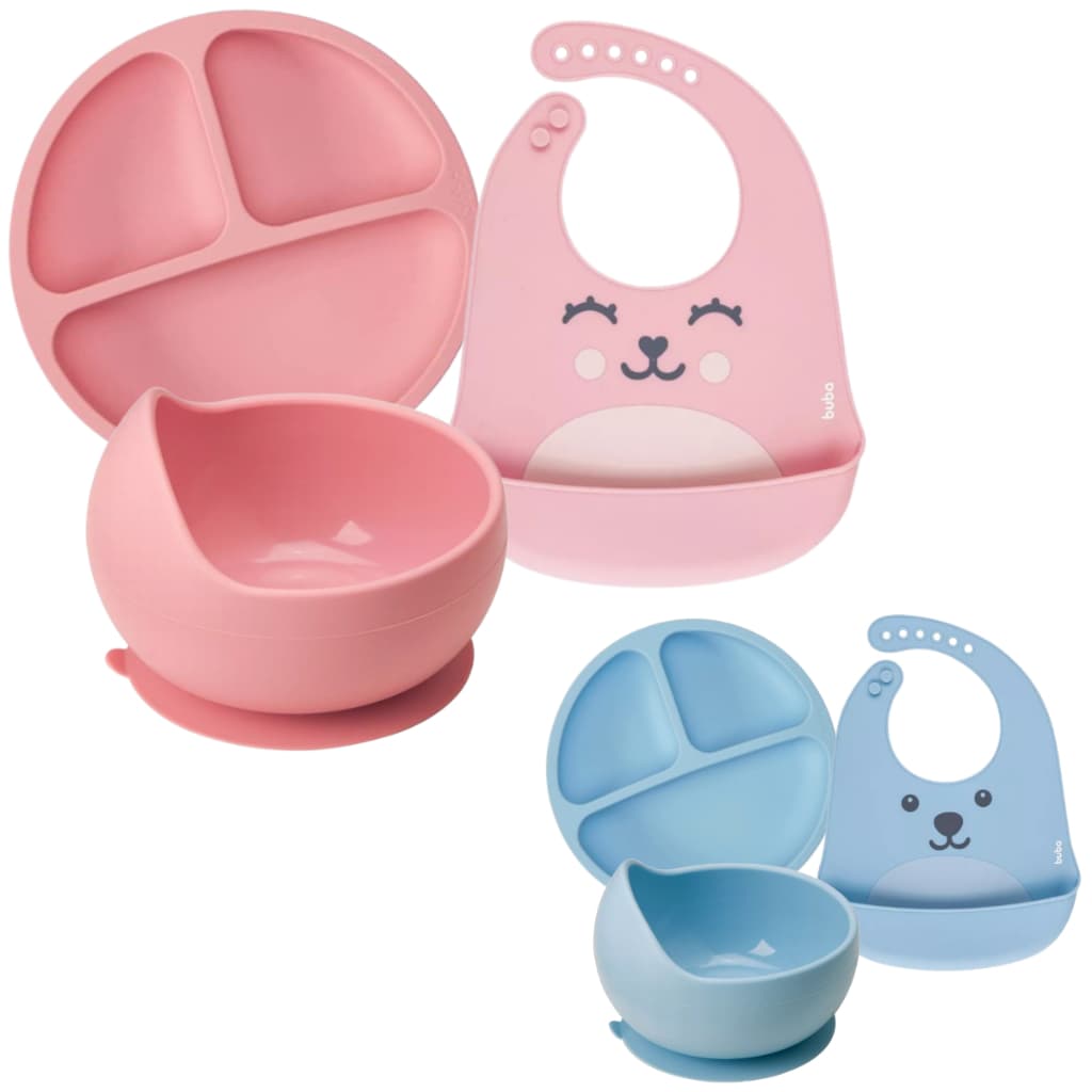 Kit Introdução Alimentar Buba Prato em Silicone Divisórias e Ventosas Prato Bowl em Silicone Ventosa Babador em Silicone