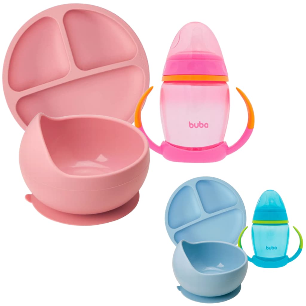 Kit Introdução Alimentar Buba Prato em Silicone com Divisórias e Ventosas Prato Bowl em Silicone com Ventosa Copo com Alça e Bico em Silicone
