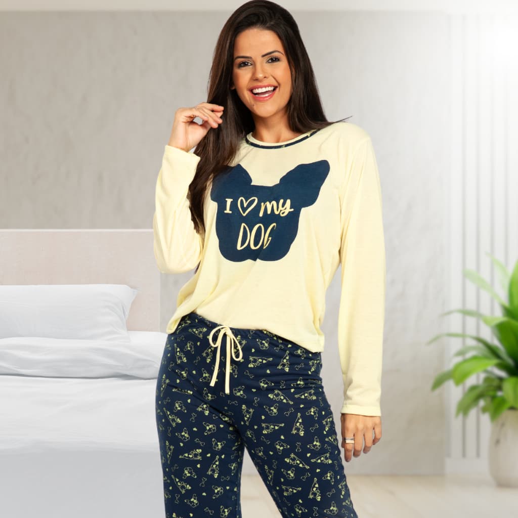 Pijama Feminino Inverno Manga Longa Confort Conjunto I Love My Dog Calça e Blusa de Frio POP