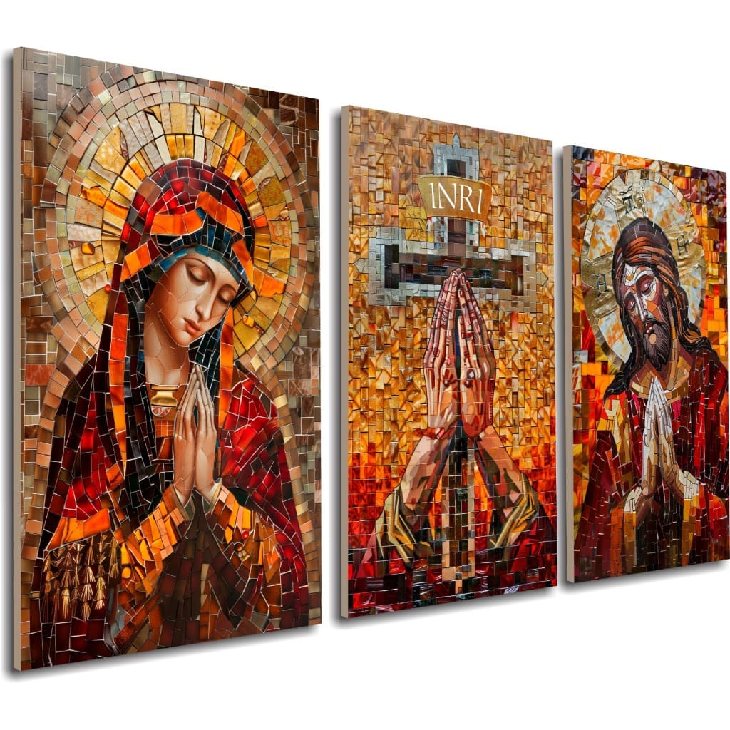 Kit 3 Quadros Decorativos Religiosos Jesus Cristo Maria Cruz INRI Lançamento Exclusivo Sala Quarto