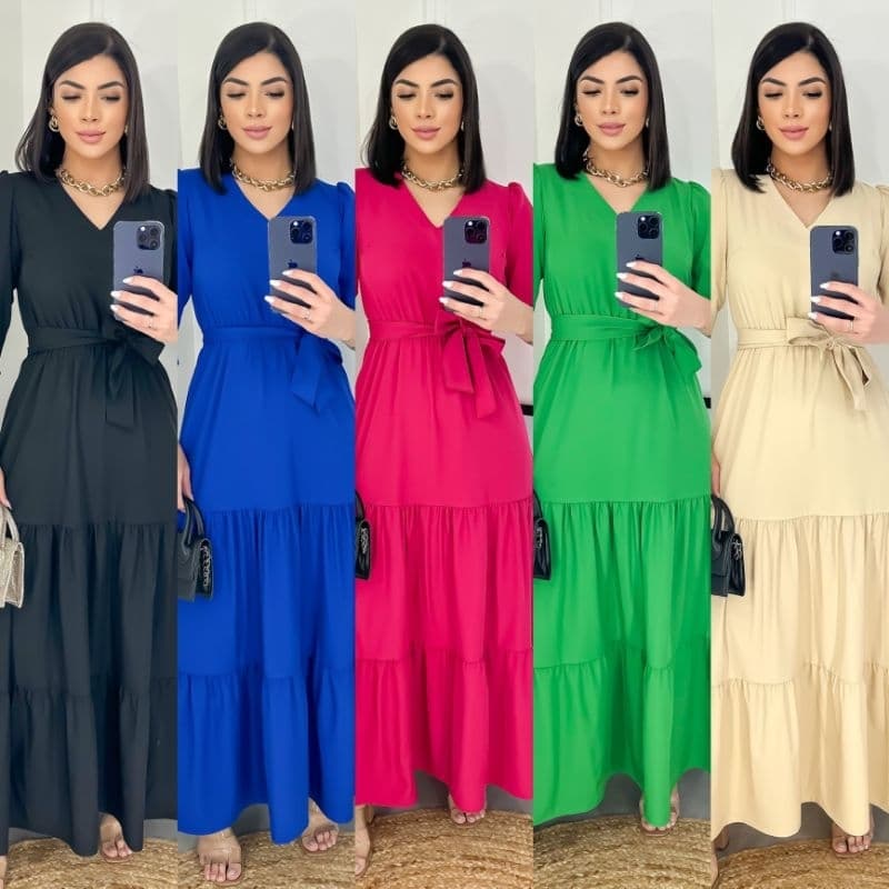 Vestido longo evangélica manga 3/4 crepe seda