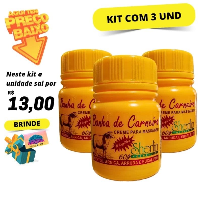 Kit com 3 Creme de Massagem Banha de Carneiro Shelin 60g