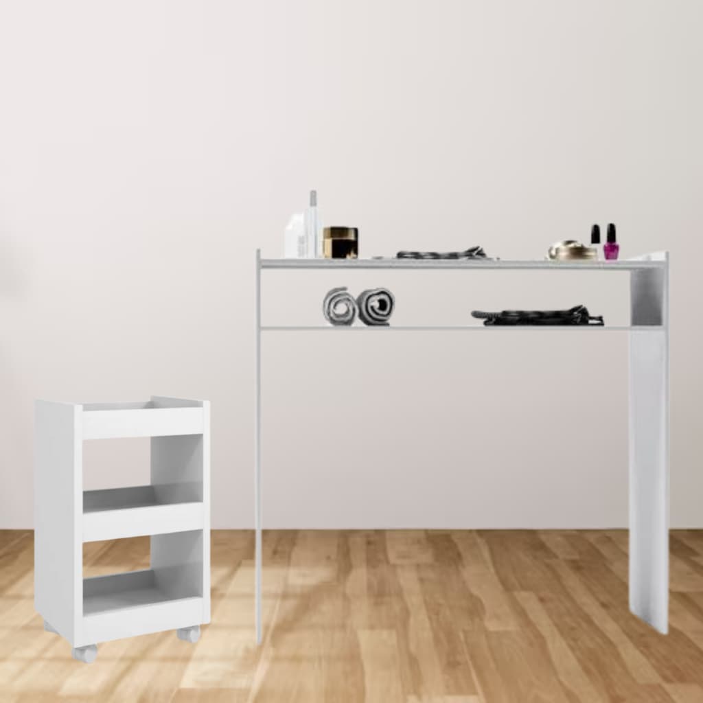 Kit Mesa Branca Com Prateleira e Carrinho Auxiliar Com Rodinhas Para Manicure