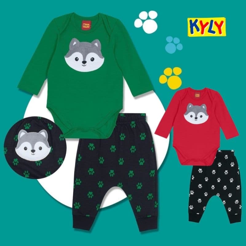 Conjunto Bebê Masculino Body Cotton + Calça Moletom Lobo Kyly