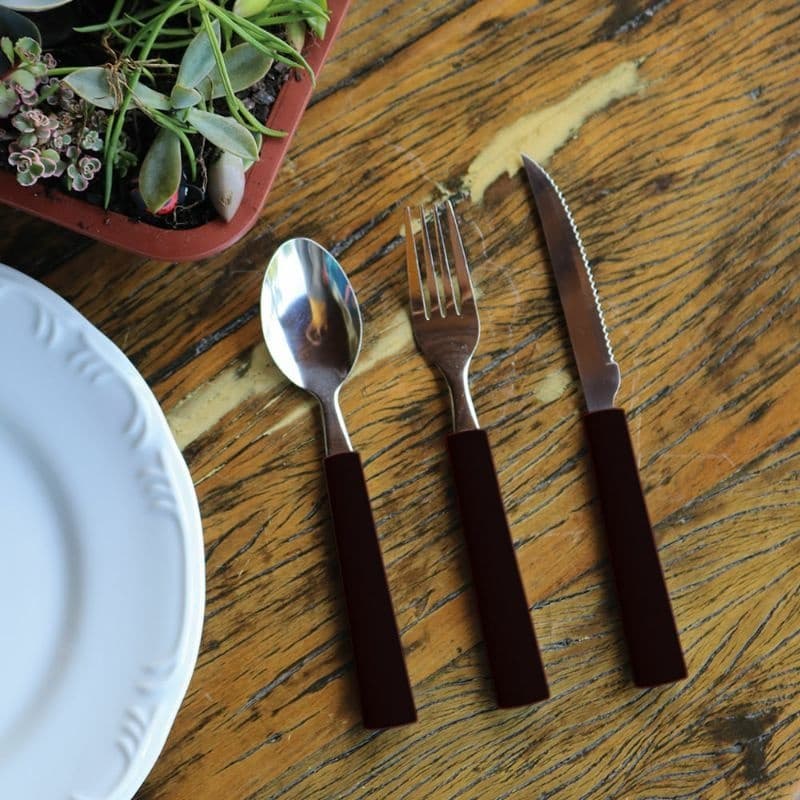 Jogo Talheres - Colheres de Mesa + Garfos de Mesa + Facas De Churrasco, + Colher Sobremesa - Talheres de Aço Inox 19cm com Cabo de Plástico Linha Premium - Envio Imediato - Preto ou Vermelho.