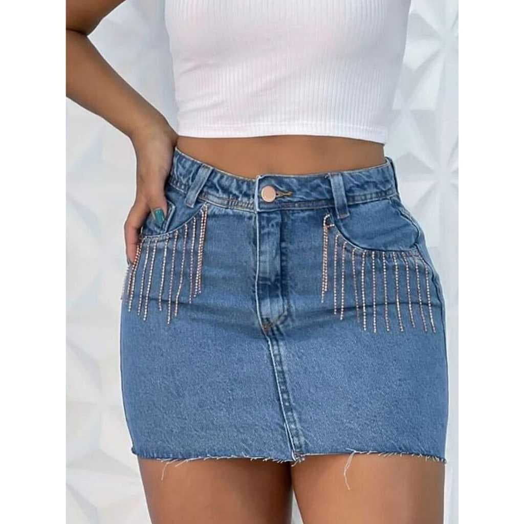 Mini Saia Jeans Brilho Feminina Com Strass Barra Desfiada