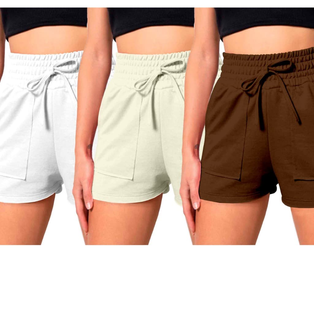 Short Feminino Kit 3 Peças Básico Plus Size Cintura Alta Fitness Academia Piscina Liso Conjunto Shortinho Acinturado