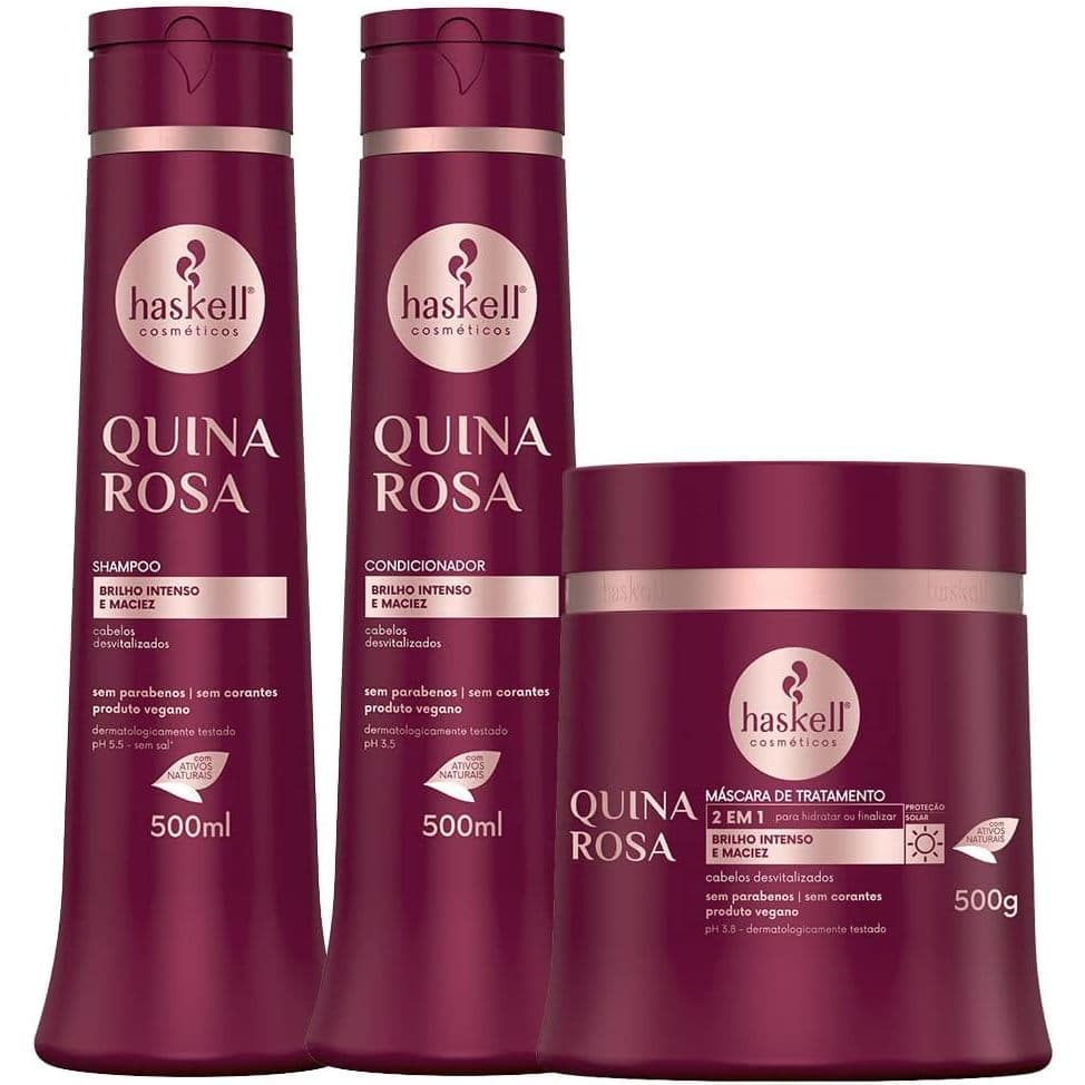 Kit Haskell Quina Rosa 500ml Shampoo & Condicionador + Mascara Tratamento Brilho e Maciez