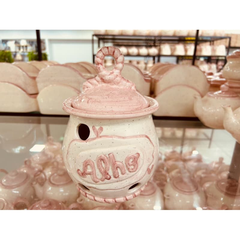 Pote Alho Laço em Cerâmica Pintado á Mão Rosa Coração