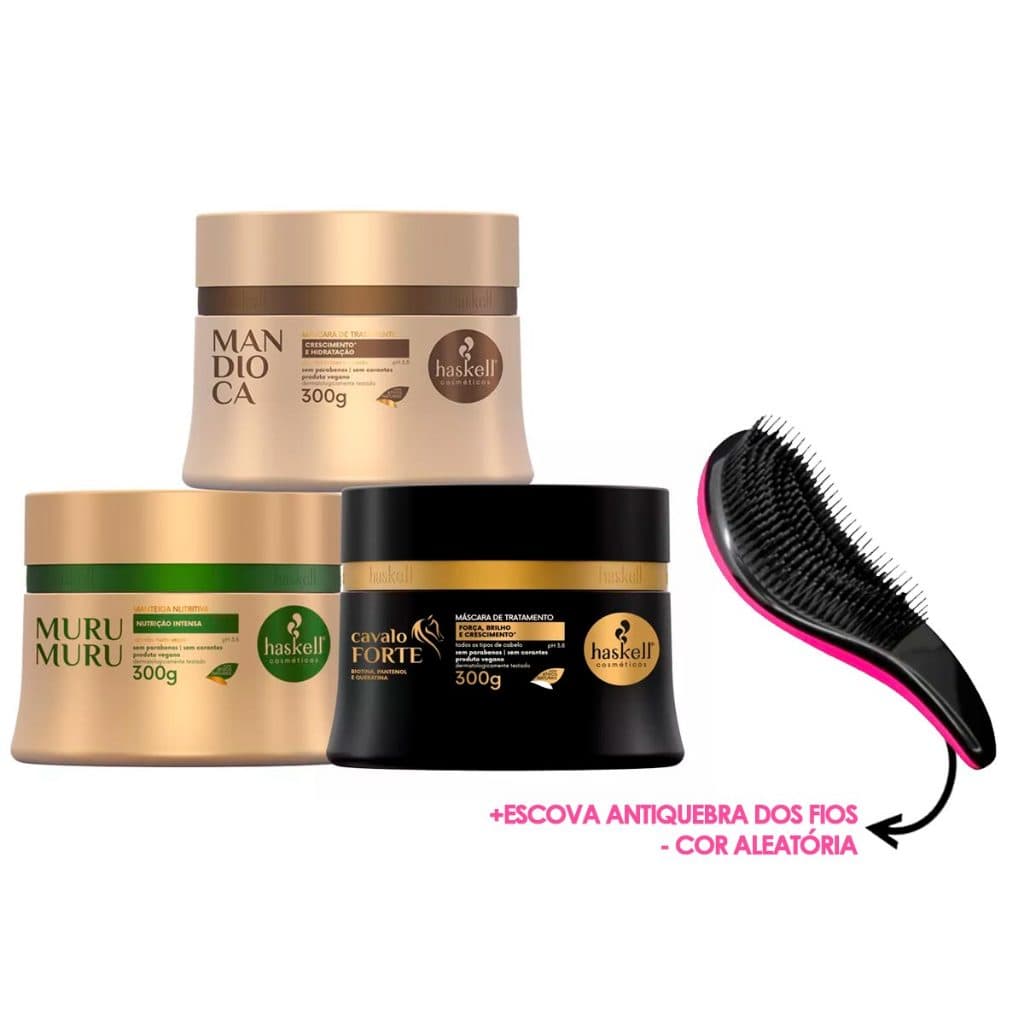 Cronograma da Haskell 300g - Máscaras Mandioca Murumuru e Cavalo Forte + Escova Antiquebra dos Fios