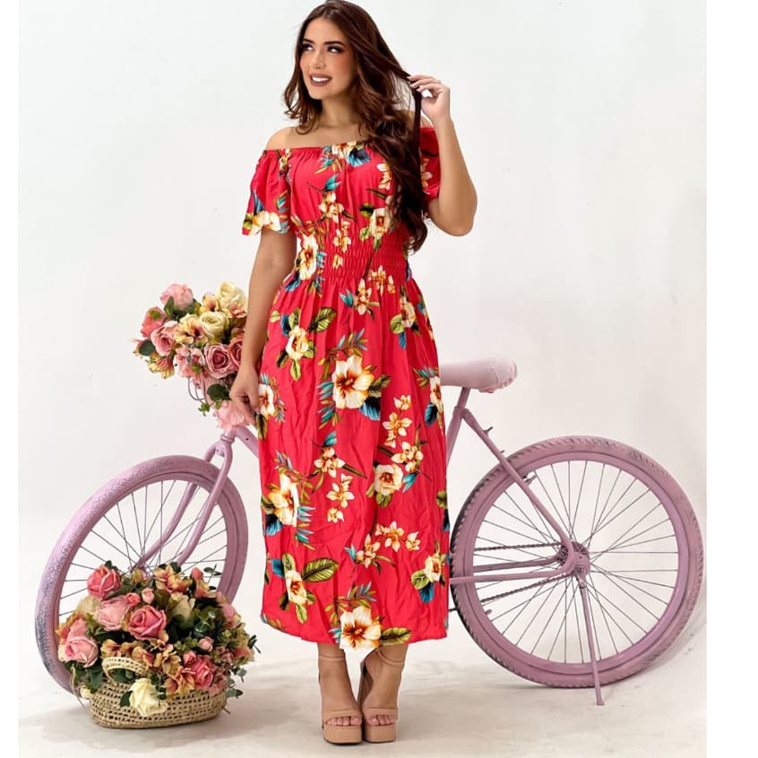 Vestido Midi Feminino Romântico Floral Ombro A Ombro com Lastex