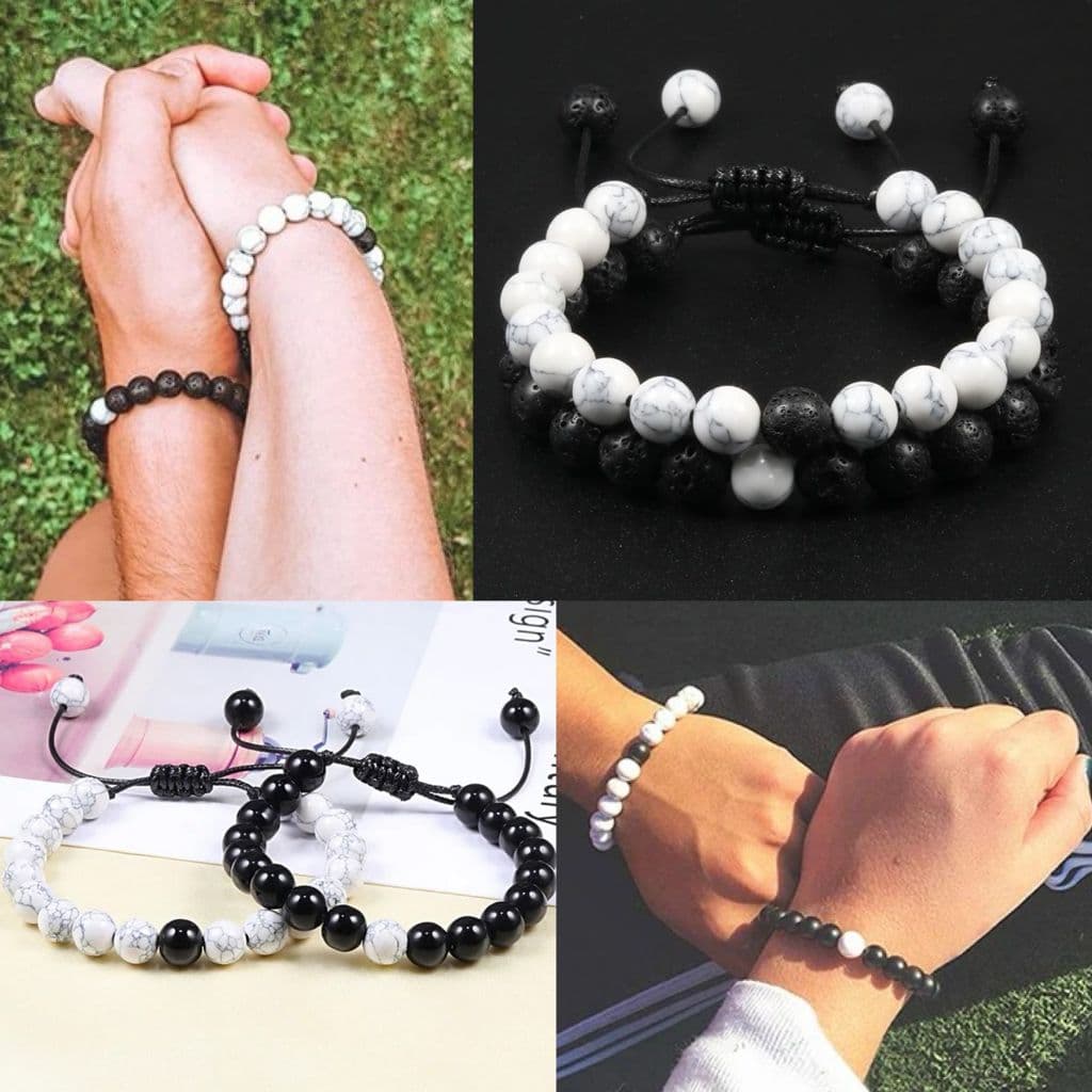 Conjunto Pulseiras Yin Yang Unissex Ajustáveis Pedras Naturais Miçangas Bracelete Masc Fem para Casal Amigos Namorados