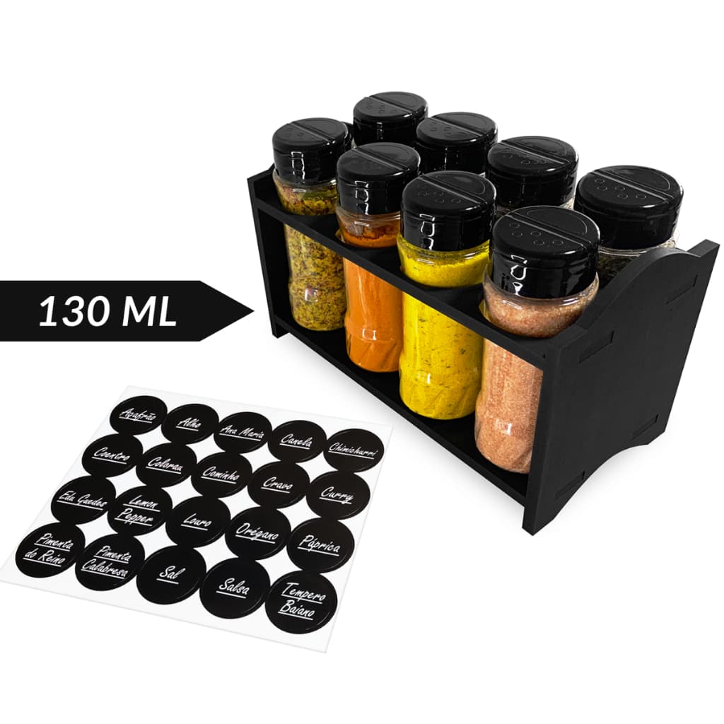 Potes Tempero 130ml com Suporte de Madeira + Etiquetas de Temperos Condimentos Tampa Dosadora Dupla